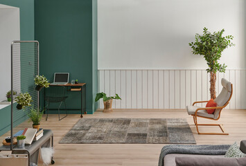 Wall Mural - Modern home wall and room style, green and white background, vase of plant, carpet style.