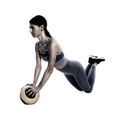 Poster - Athletic woman doing exercise with medicine ball isolated on white