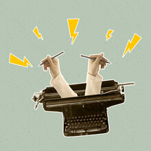 Contemporray Art Collage. Vintage Design. Two Hands Sticking Out Retro Typewriter, Creating Text, Story