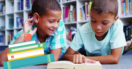 Poster - Animation of books moving over happy diverse schoolboys reading book at school