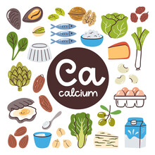 Food Products Rich In Calcium. Cooking Ingredients. Vegetables, Dairy Products, Nuts, Seafish.