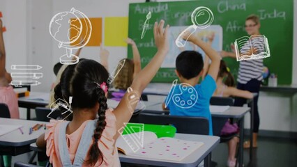 Poster - Animation of falling school supplies over diverse school kids in class at school