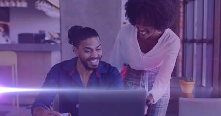 Poster - Video of purple lights over diverse man and woman using technology