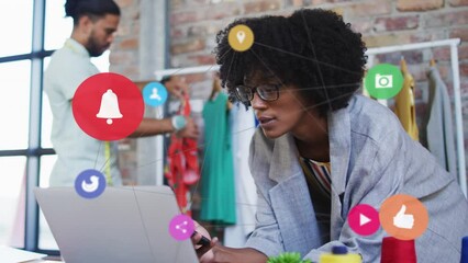 Poster - Video of network of connections over biracial woman using laptop
