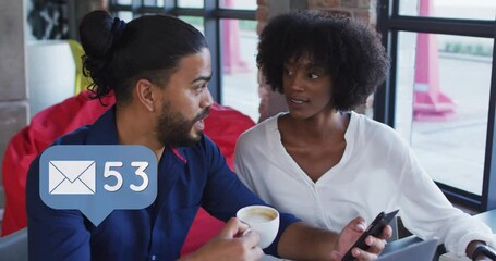 Poster - Video of social media icons of over diverse man and woman in restaurant