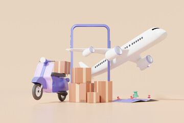 Poster - Online delivery transport airplane, motorcycle scooter logistics service concept. import Integrated warehousing and transportation service. 3D rendering illustration
