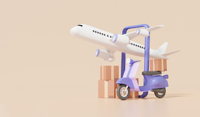 Poster - Motorcycle scooter and airplane, Online delivery transport, logistics service concept. import Integrated warehousing and transportation service. minimal cartoon, 3d render illustration