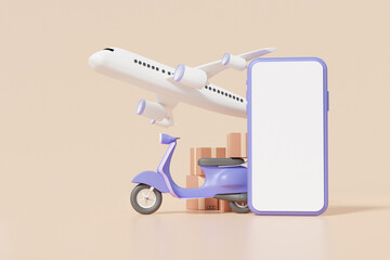 Poster - Smartphone mock-up white screen Motorcycle scooter and airplane, transport, logistics service concept. import Integrated warehousing, transportation service. minimal cartoon. 3d render illustration