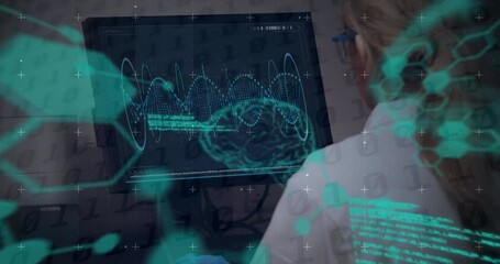 Poster - Video of digital interface with brain over caucasian woman using computer