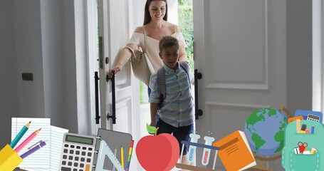 Poster - Animation of school icons over schoolboy with mother at home