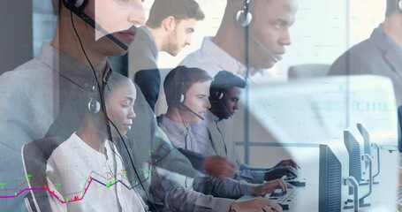 Poster - Video of financial data processing over diverse business people wearing headset