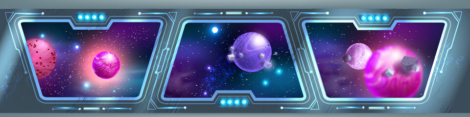 Space ship interior background, futuristic shuttle view, planets, spaceship station panoramic window. Sci-fi game rocket room concept, stars neon blue sky, galaxy universe illustration. Spaceship hall