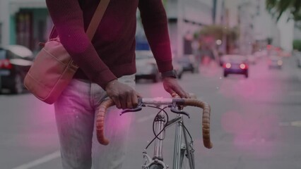 Poster - Animation of shapes moving over senior african american man walking with bicycle