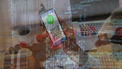 Poster - Animation of financial data processing over caucasian businesswoman using smartphone