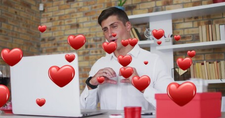 Poster - Animation of red hearts over caucasian man talking on video date