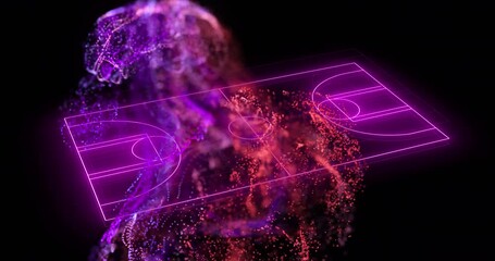 Poster - animation of purple neon basketball court and pink particles