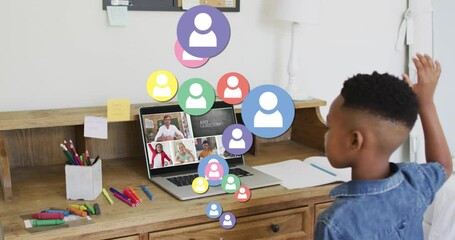 Poster - Animation of social media icons over african american schoolboy on online lesson