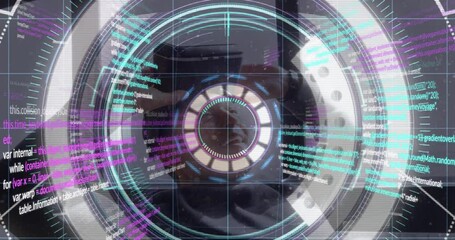 Poster - Animation of data processing and scope scanning over caucasian man with vr headset