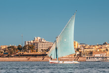 Felucca Is A Traditional Sailing Boat Used For Tourist Transport And Cruise Down The Nile In Luxor City In Egypt