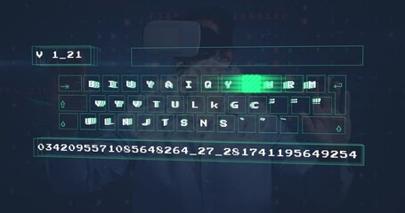 Poster - Animation of digital data processing on keyboard over biracial businessman wearing vr headset