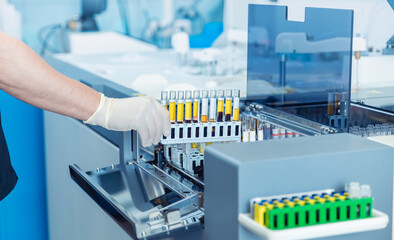 Wall Mural - blood test scientist working with auto robot laboratory medical equipment, biomedicine banner