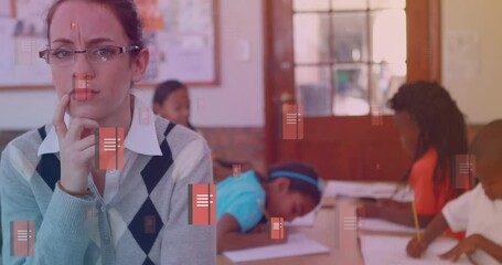 Poster - Animation of notebook icons over caucasian female teacher with diverse schoolchildren in classroom