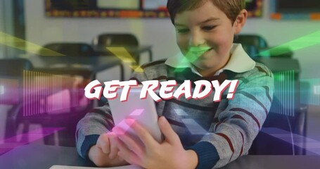 Poster - Animation of get ready text over caucasian schoolboy using smartphone