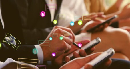 Poster - Animation of neworks of connections with icons over biracial people using smartphones