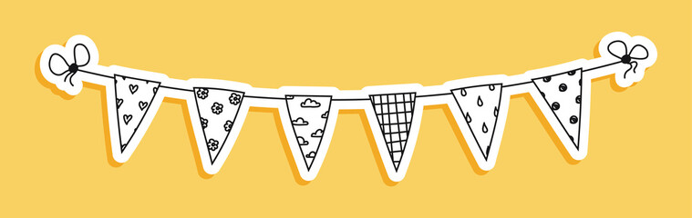 Sticker - Hand-drawn sticker different Bunting of flags on a string. Doodle garland flag with hearts, clouds, drops, checkered and polka dots. Black on white vector bunting flag for the holiday isolated outline