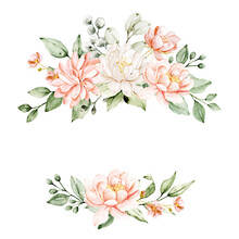 Wreath, Floral Frame, Watercolor Flowers Pink Peonies, Illustration Hand Painted. Isolated On White Background. Perfectly For Greeting Card Design.