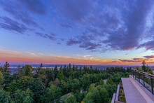 Panoramic Sunset View Across Fraser Valley, BC, As Viewed From A Burnaby Mountain Patio Garden.
