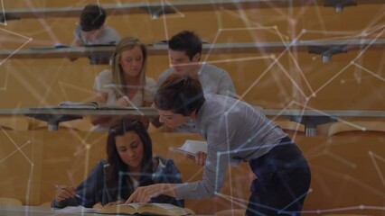 Poster - Animation of shapes over happy caucasian female teacher talking with diverse students