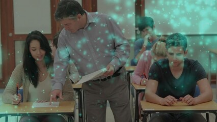 Poster - Animation of light spots over caucasian male teacher with diverse students during exam