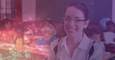Poster - Animation of light spots over happy caucasian female teacher with diverse schoolchildren