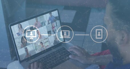 Poster - Animation of network of connections with icons over african american man having video call