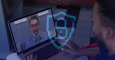 Poster - Animation of padlock icon and data processing over african american man having video call