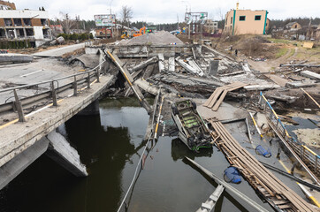 Wall Mural - War in Ukraine. Destroyed Bridge Over The Irpin River