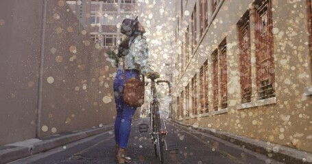 Poster - Animation of light spots over biracial woman walking with bicycle
