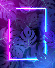 Tropical Leaves Background With Colorful Neon Frame