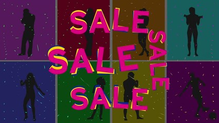Poster - Animation of sale text and silhouettes of people dancing on colourful background