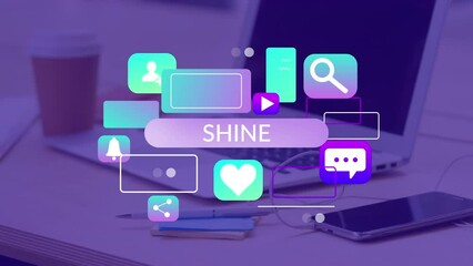 Sticker - Animation of shine text and icons over laptop