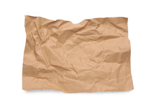 Sheet Of Crumpled Brown Paper On White Background, Top View