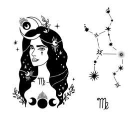 Virgo zodiac hand drawn sign isolated clipart on white, unique astrology symbol and constellation, mystical horoscope sign in black silhouette, modern vector