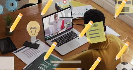 Poster - Animation of school icons over african american female teacher and schoolboy on laptop online lesson