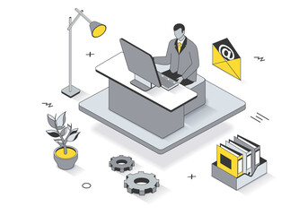 Wall Mural - Business office concept in 3d isometric outline design. Employee works on computer at workplace, workflow and document management in company, line web template. Illustration with people scene