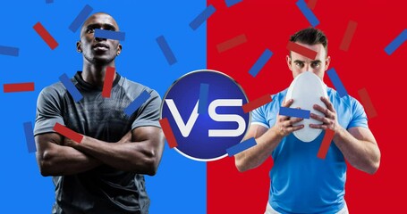 Poster - Animation of confetti and vs text over two diverse male rugby players with ball