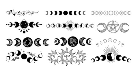mystical moon phases isolated cliparts bundle, celestial magic boho moon collection, phase of the mo