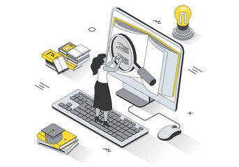 Fototapete - Education concept in 3d isometric outline design. Student learning online, studying textbook on computer, reading book and preparing for exams, line web template. Illustration with people scene
