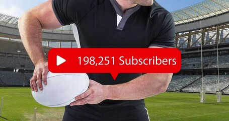 Poster - Animation of media icon over caucasian male rugby player with ball at stadium