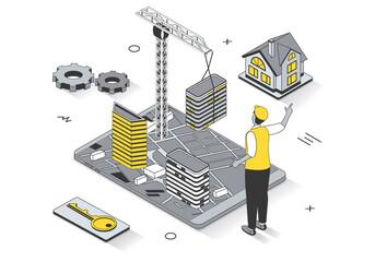 Real estate business concept in 3d isometric outline design. Builder creates skyscrapers and houses for sale and investment, buying property, line web template. Illustration with people scene